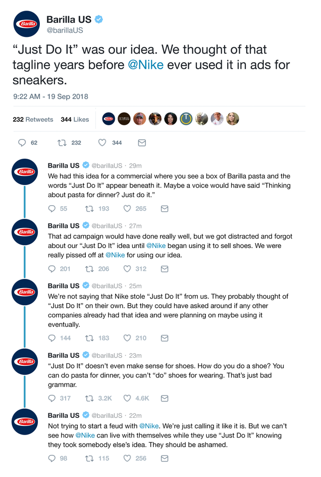 Illustration for article titled Social Media Meltdown: Barilla Just Sent Out A Tweetstorm Claiming It Thought Of The Tagline ‘Just Do It’ Years Before Nike Did